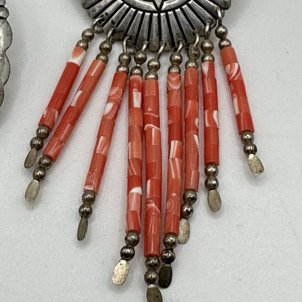 Navajo Sterling Silver Coral Dangle Earrings TK Emerson Southwestern Pierced 3